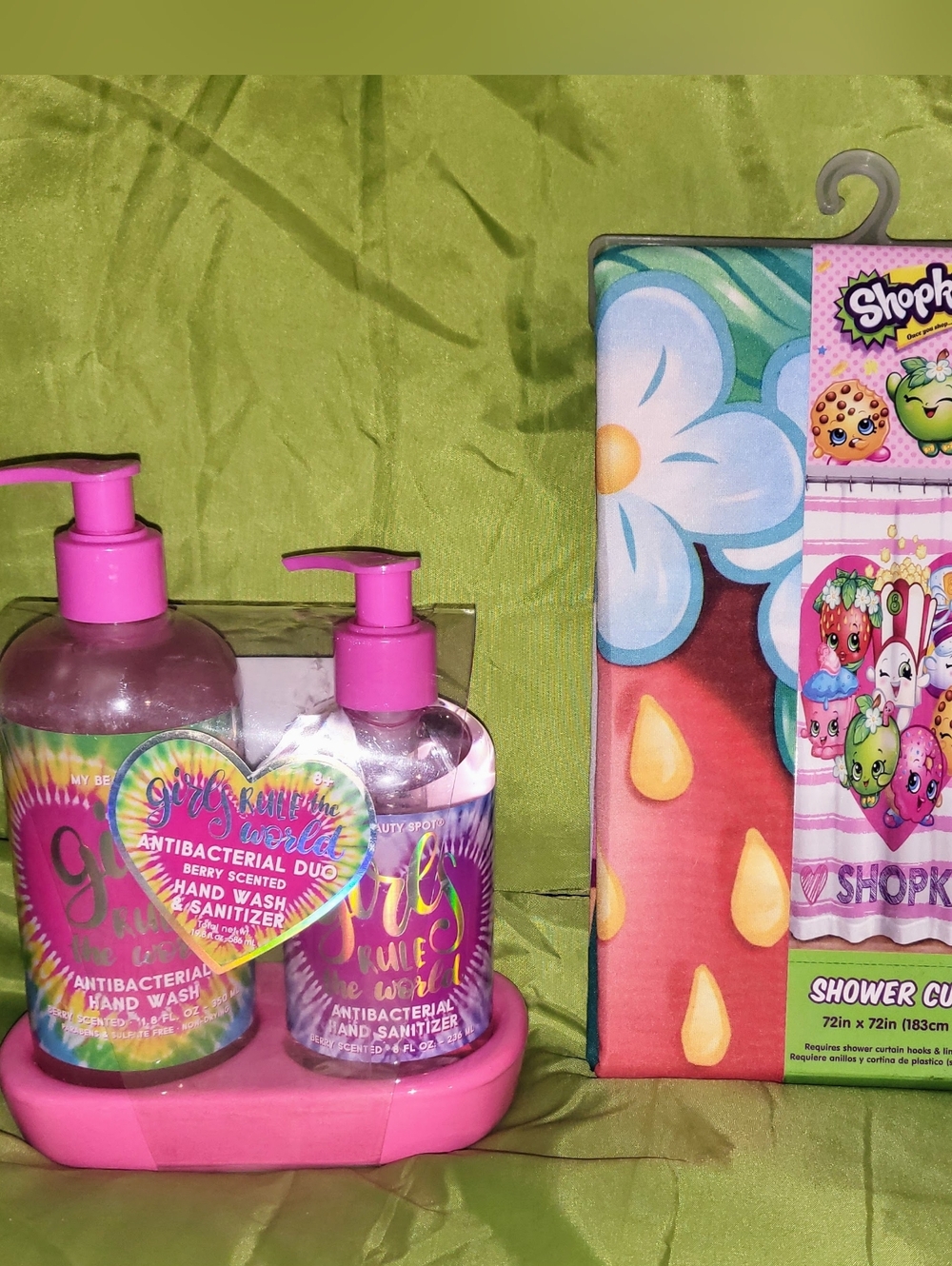 Shopkins Pink Kids Shower Curtain with Pink Hand Wash Duo 🩷🍪💕🍏🎀🍓